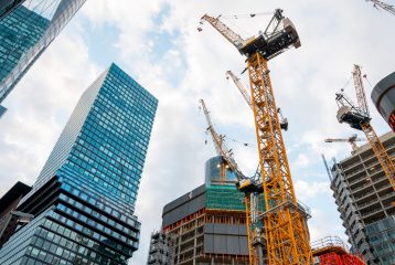 Construction works of multiple modern buildings and skyscrapers in Frankfurt downtown, Germany